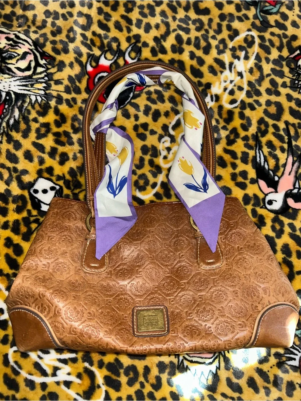 Liz Claiborne Brown Embossed Satchel with Purple-Accent Scarf